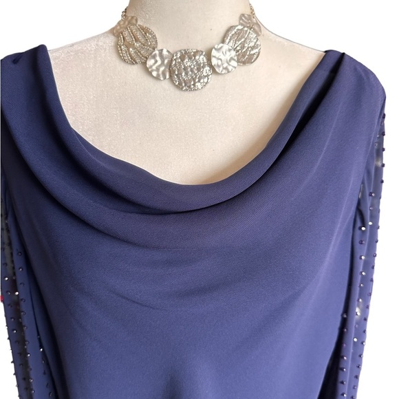 SL Fashions Navy Blue Bead Embellished Formal Chiffon Blouse - Picture 3 of 6